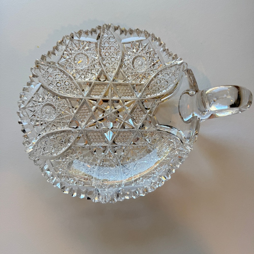Antique American Brilliant Period Cut Glass Nappy Dish Hobstar Star Ring Handle